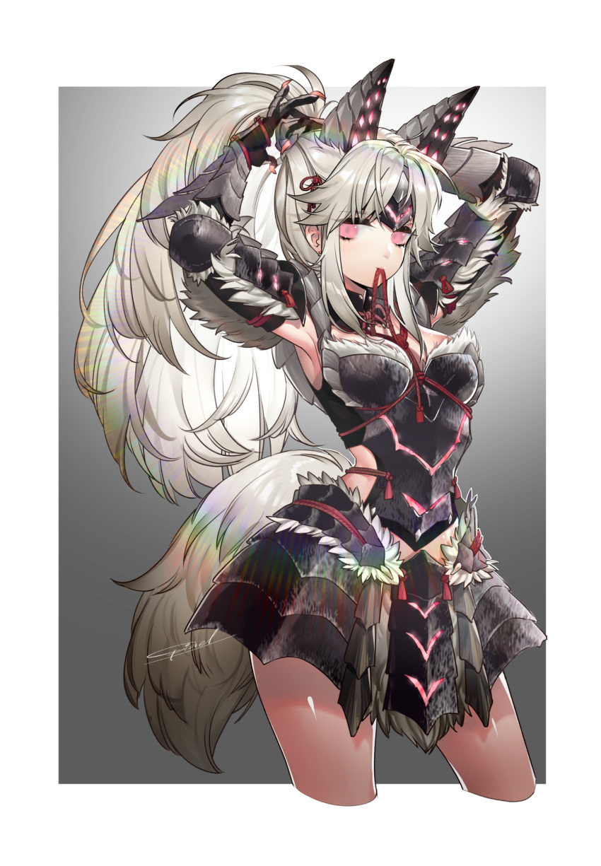 adjusting_hair armored_skirt armpits breasts cowboy_shot fur_trim hair_tie high_ponytail highres hip_vent long_hair looking_at_viewer medium_breasts monster_hunter:_world monster_hunter_(series) mouth_hold pink_eyes solo spinel_(9057) very_long_hair white_hair zinogre_(armor)