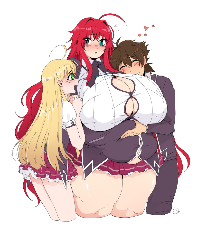 1boy 2girls ahoge alternate_body_size alternate_breast_size aqua_eyes asia_argento belly_grab blonde_hair breasts brown_hair cowboy_shot cropped_legs dot_nose fat green_eyes hair_between_eyes heart high_school_dxd highres huge_breasts hyoudou_issei jpeg_artifacts long_hair multiple_girls open_mouth red_hair red_skirt rias_gremory riu_incognito short_sleeves sidelocks simple_background skirt thick_thighs thighs white_background