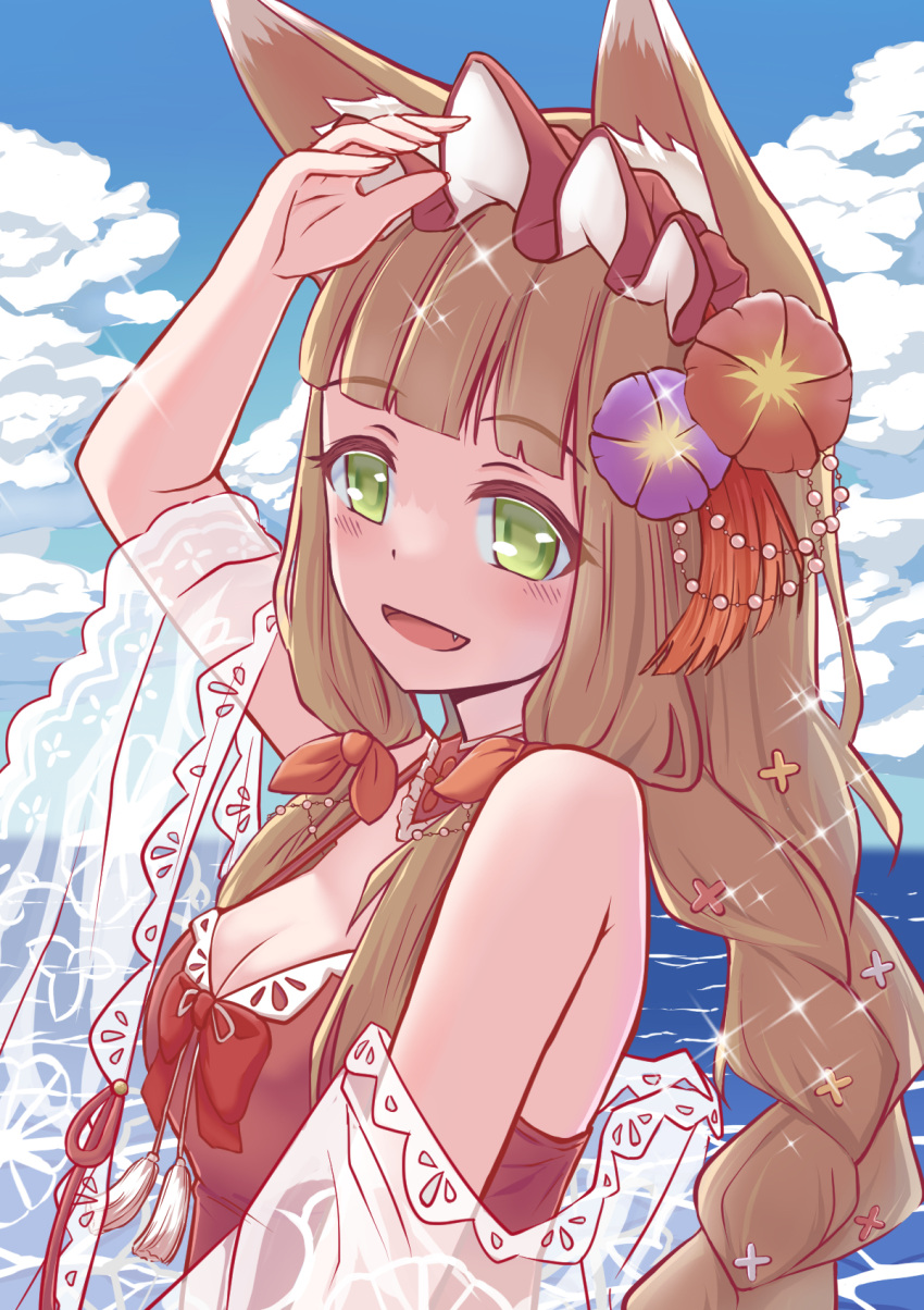 animal_ears apron breasts cleavage cloud cloudy_sky female fox_ears fox_girl green_eyes highres kappougi light_brown_hair maho_(princess_connect!) neptunefrontier ocean oerba_yun_fang princess_connect! sidelocks sky smile solo swimsuit upper_body