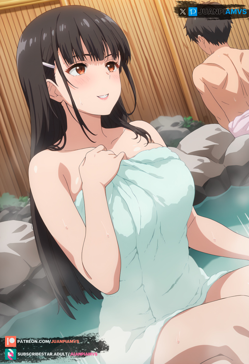 ai_generated big_breasts blush brown_eyes brown_hair curvy female irido_yume juanpi_amvs long_hair mamahaha_no_tsurego_ga_moto_kano_datta onsen patreon patreon_username subscribestar subscribestar_username towel towel_only water watermark