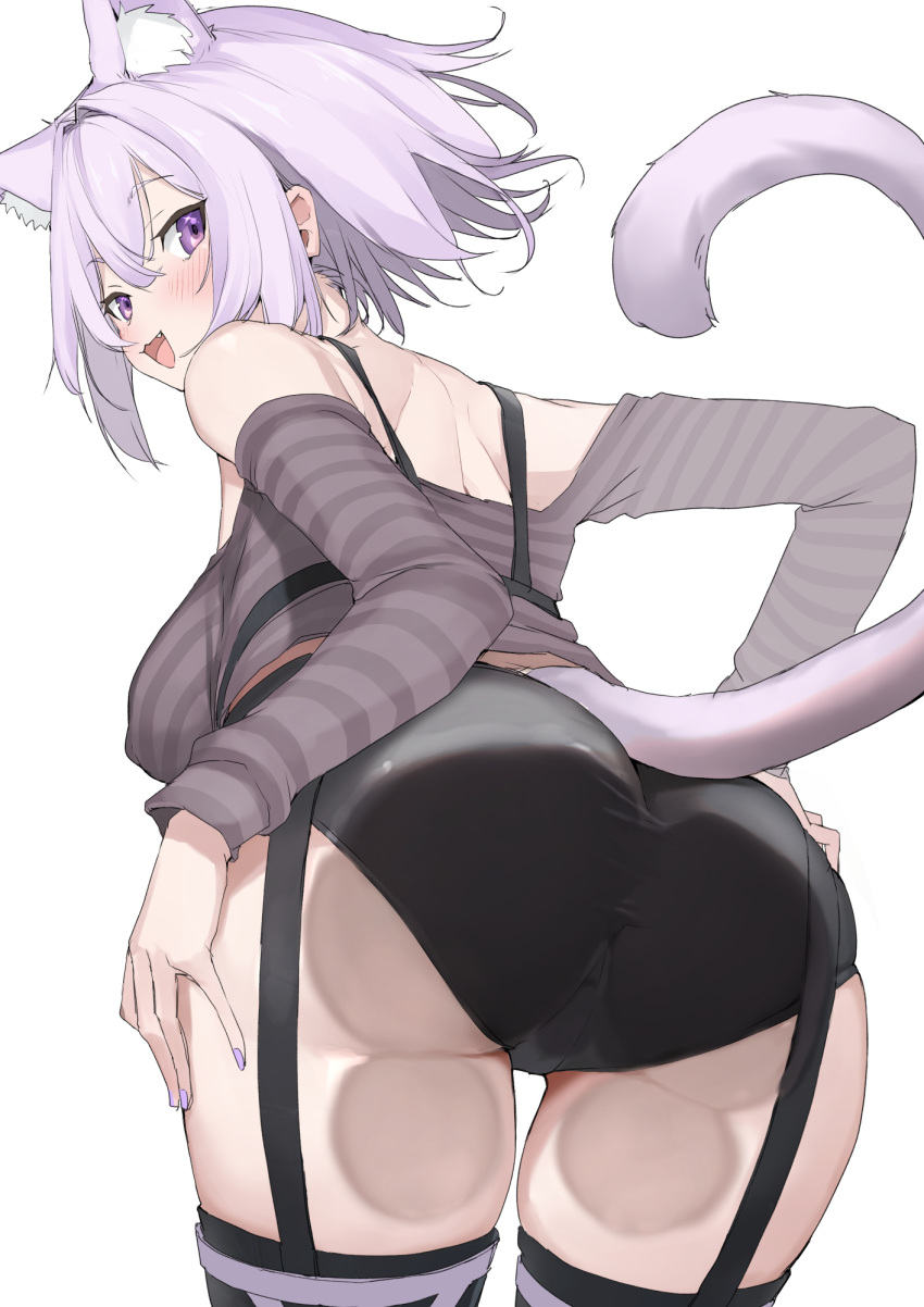 :3 :d against_glass alternate_costume animal_ear_fluff animal_ears ass ass_focus ass_on_glass ass_press bare_shoulders black_garter_straps black_panties black_thighhighs blush breasts cat_ears cat_girl cat_tail chest_harness choppy_bangs commentary_request covered_nipples crossed_bangs female from_behind garter_straps hair_between_eyes hand_on_own_ass hand_on_own_thigh hands_on_own_hips harness heart heart_tail highres hololive hololive_grand_theft_auto horizontal-striped_clothes large_breasts leaning_forward legwear_garter long_sleeves looking_at_viewer looking_back mitsuru_(uramitsuru1206) nail_polish nekomata_okayu oerba_yun_fang off-shoulder_shirt off_shoulder open_mouth panties purple_eyes purple_hair purple_nails purple_shirt shirt short_hair simple_background smile solo striped_clothes striped_shirt tail tail_raised tail_through_clothes thighhighs thighs underwear virtual_youtuber white_background