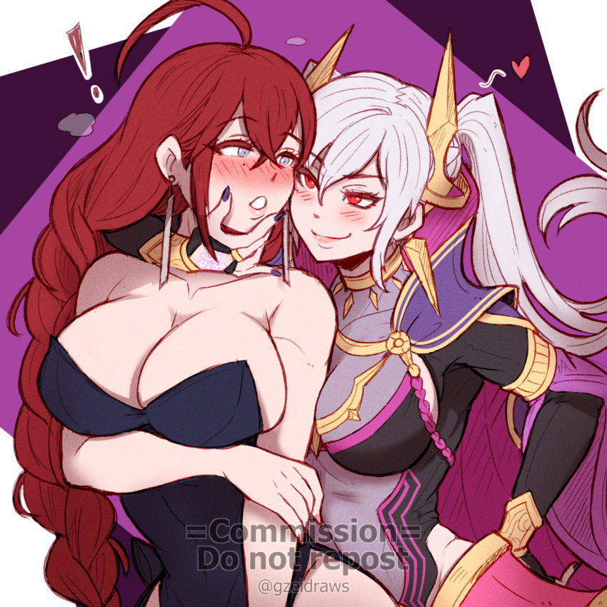 ! 2girls ahoge arm_under_breasts bare_shoulders black_bridal_gauntlets blue_dress blue_eyes blush bodystocking braid braided_ponytail breasts bridal_gauntlets cape choker cleavage commission dark_persona dress earrings english_commentary eye_contact eyes_of_grima fire_emblem fire_emblem_awakening fire_emblem_heroes full-face_blush grey_hair grima_(fire_emblem) gzei hair_between_eyes hand_on_another's_chin hand_on_own_hip heart highres hip_vent jewelry large_breasts long_hair looking_at_another mole mole_under_eye multiple_girls official_alternate_costume parted_lips purple_cape red_eyes red_hair robin_(female)_(fell_tactician)_(fire_emblem) robin_(female)_(fire_emblem) robin_(fire_emblem) sleeveless sleeveless_dress smile twintails twitter_username upper_body very_long_hair vgen_commission yuri