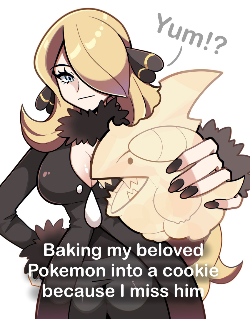 baking_my_long_distance_bf_into_a_cookie_because_i_miss_him_(meme) black_coat blonde_hair breasts character-themed_food cleavage closed_mouth coat cookie cynthia_(pokemon) english_commentary english_text female food fur-trimmed_coat fur-trimmed_sleeves fur_collar fur_trim gible grey_eyes hair_ornament hair_over_one_eye hand_on_own_hip highres holding holding_cookie holding_food large_breasts long_hair long_sleeves meme pokemon pokemon_dppt smile solo touyarokii very_long_hair