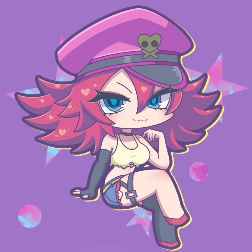 :3 blue_eyes blush breasts chibi chibi_only commentary crop_top denim denim_shorts female full_body hat heart highres long_hair looking_at_viewer otannu_(bkdenta) pink_hair pink_hat poison_(final_fight) purple_background shorts sitting solo street_fighter street_fighter_v