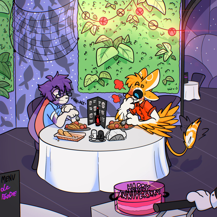 absurd_res anniversary anthro avali blue_eyes cake date dessert dinner duo eyewear feathers food fur glasses hair hi_res hot_sauce jere lagomorph leporid male male/male mammal meatball multicolored_body multicolored_feathers multicolored_fur orange_body orange_feathers pasta purple_body purple_fur purple_hair rabbit restaurant spaghetti thistle_(thistlebunny) white_body white_feathers white_fur xing1