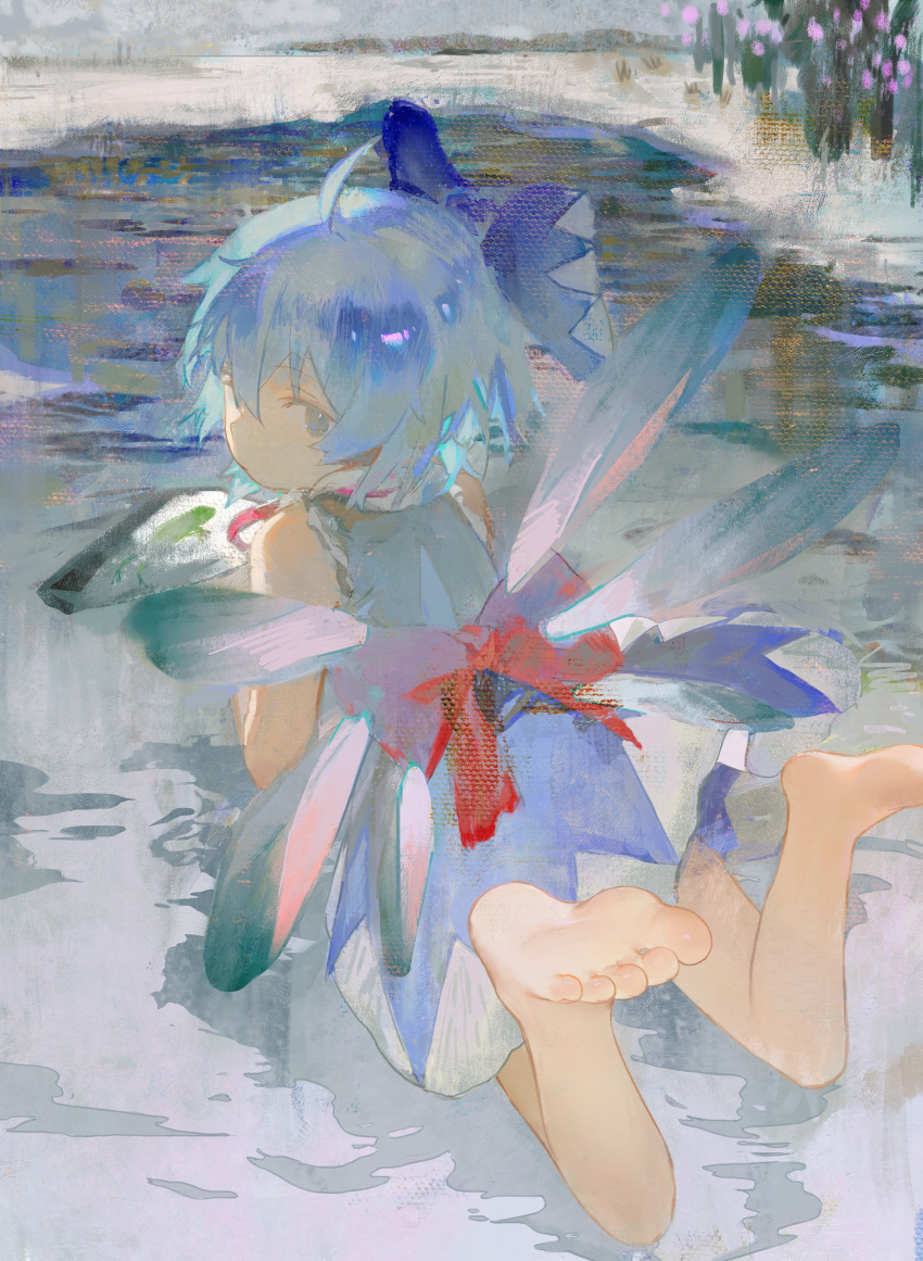 absurdres back_bow bare_legs barefoot blue_bow blue_dress blue_eyes blue_hair bow cirno closed_mouth commentary_request detached_wings dress fairy fairy_wings female from_above from_behind frozen full_body hair_between_eyes hairbow highres ice ice_wings looking_at_viewer looking_back lying on_stomach outdoors pinafore_dress red_bow shirt sleeveless sleeveless_dress sleeveless_shirt soles solo toes touhou tsuioku_(908026270) wings