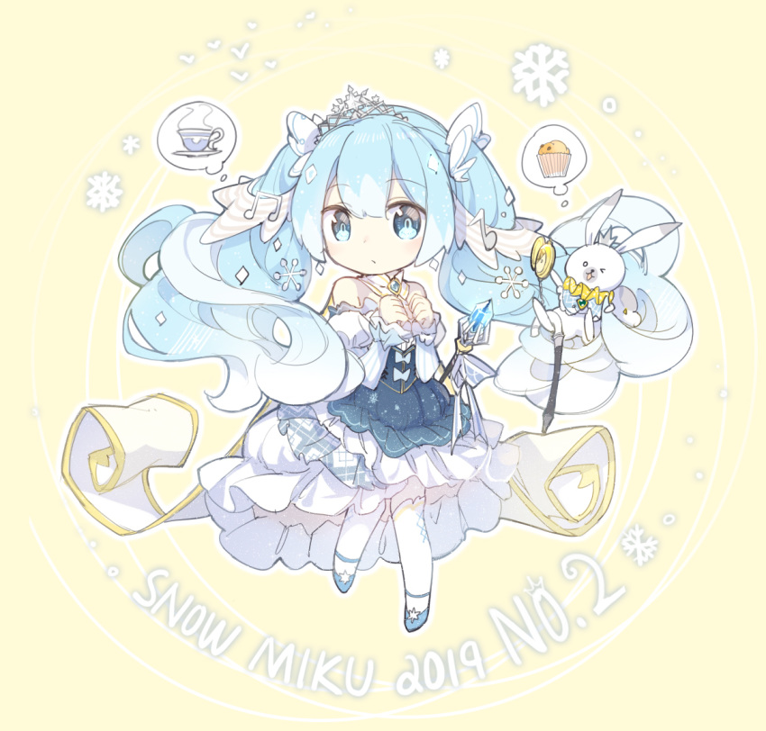 2019 animal bare_shoulders beamed_eighth_notes blue_dress blue_eyes blue_footwear blue_hair blush butterfly_hair_ornament chinese_commentary closed_mouth collar commentary_request cup detached_collar detached_sleeves dress eighth_note female food hair_between_eyes hair_ornament hatsune_miku juliet_sleeves linfi-muu long_hair long_sleeves looking_at_viewer muffin musical_note musical_note_hair_ornament pocket_watch puffy_sleeves rabbit rabbit_yukine saucer shoes snowflake_hair_ornament snowflakes standing standing_on_one_leg steam strapless strapless_dress teacup thighhighs tiara twintails very_long_hair vocaloid watch white_collar white_legwear yellow_background yuki_miku yuki_miku_(2019)