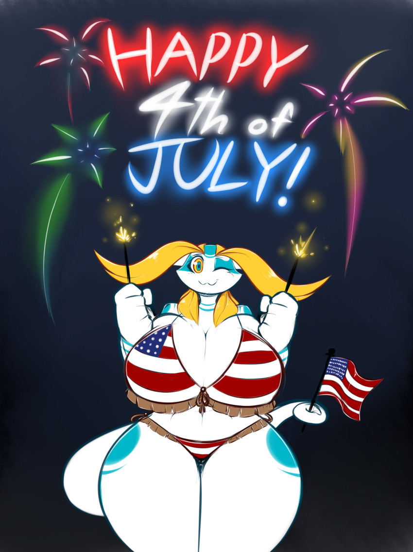 2016 4th_of_july aijou american_flag american_flag_bikini anthro ass averyshadydolphin big_breasts big_butt bikini blonde_hair blue_markings breasts clothing curvy_figure digital_media_(artwork) dragon dual_holding female fireworks flag flag_(object) flag_bikini flag_clothing flag_print flag_swimwear front_view hair hi_res holding_flag holding_object holding_sparkler holidays huge_hips jou looking_at_viewer markings midriff mythological_creature mythological_scalie mythology navel non-mammal_breasts one_eye_closed prehensile_holding print_bikini print_clothing print_swimwear scalie solo sparkler swimwear tail tail_holding_flag tail_holding_object thick_thighs united_states_of_america voluptuous wide_hips