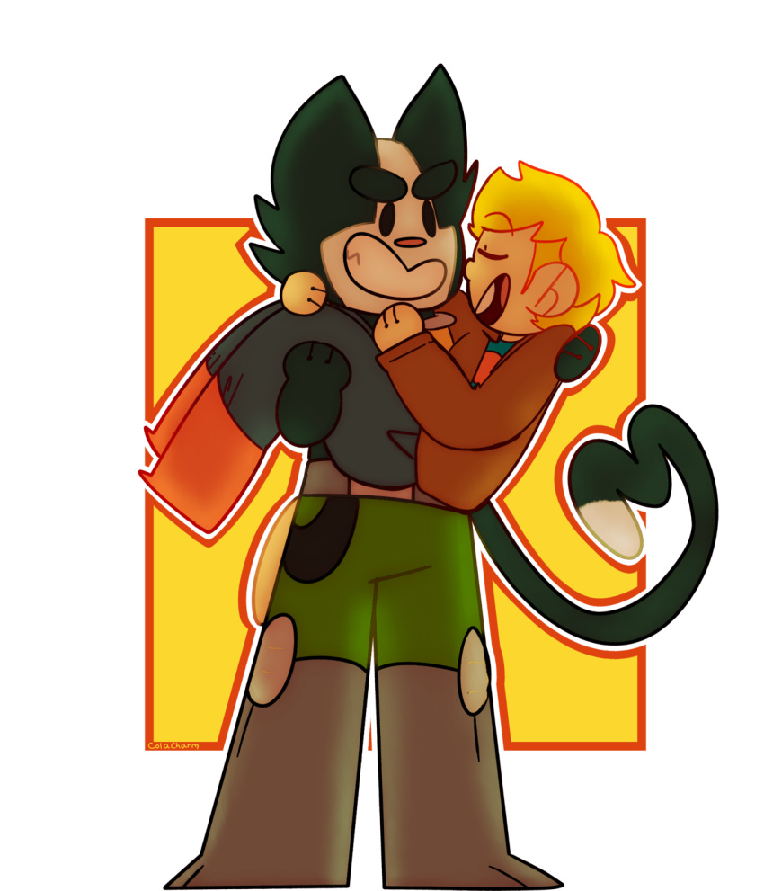 2018 alpha_channel anthro avocato better_version_at_source carrying_another clothing colacharm duo felid feline final_space fur gary_goodspeed hi_res human male male/male mammal simple_background transparent_background ventrexian