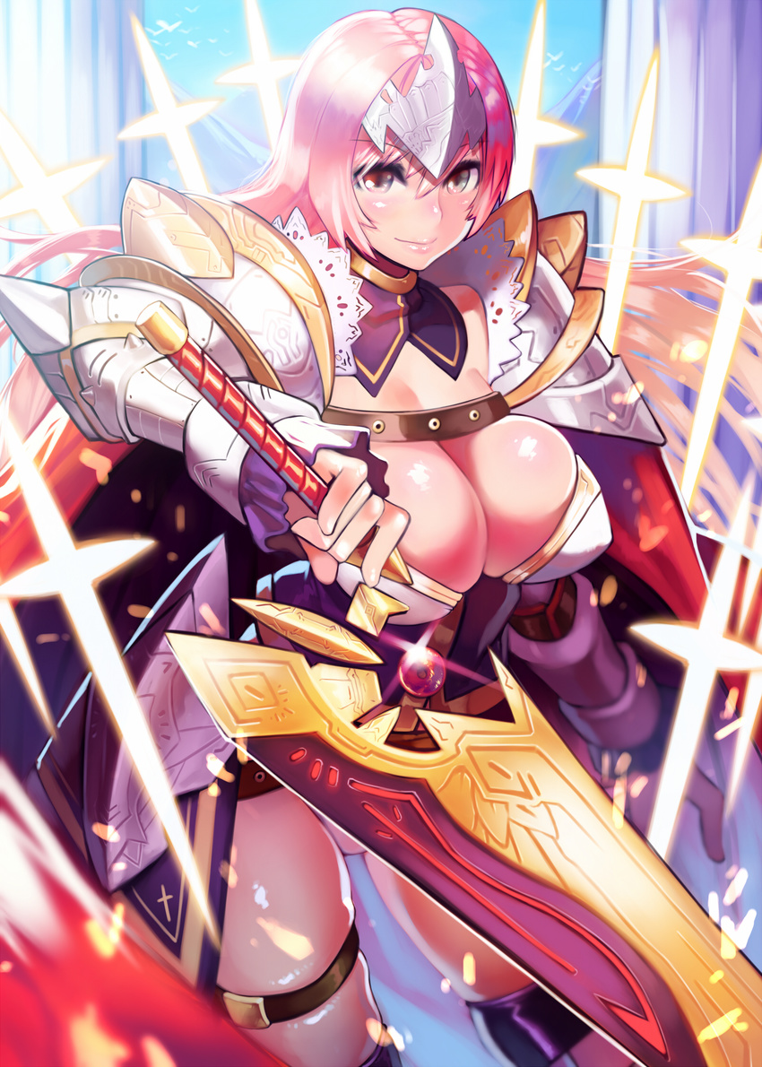 bad_id bad_pixiv_id breasts cleavage doku-chan_(dokkudokudoku) female highres huge_breasts lips original pink_eyes pink_hair smile solo sword thighs weapon