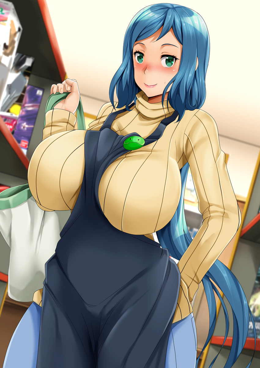 absurdres apron arm_behind_back badge bag between_breasts blue_hair blue_pants blush breasts closed_mouth cowboy_shot denim female fingernails green_eyes gundam gundam_build_fighters hand_up haro_button_badge highres holding holding_bag indoors iori_rinko janong jeans large_breasts long_hair long_sleeves looking_at_viewer mature_female nose_blush paid_reward pants patreon_reward photoshop_(medium) pink_lips ponytail ribbed_sweater shopping shopping_bag smile solo sweatdrop sweater swept_bangs turtleneck turtleneck_sweater very_long_hair yellow_sweater