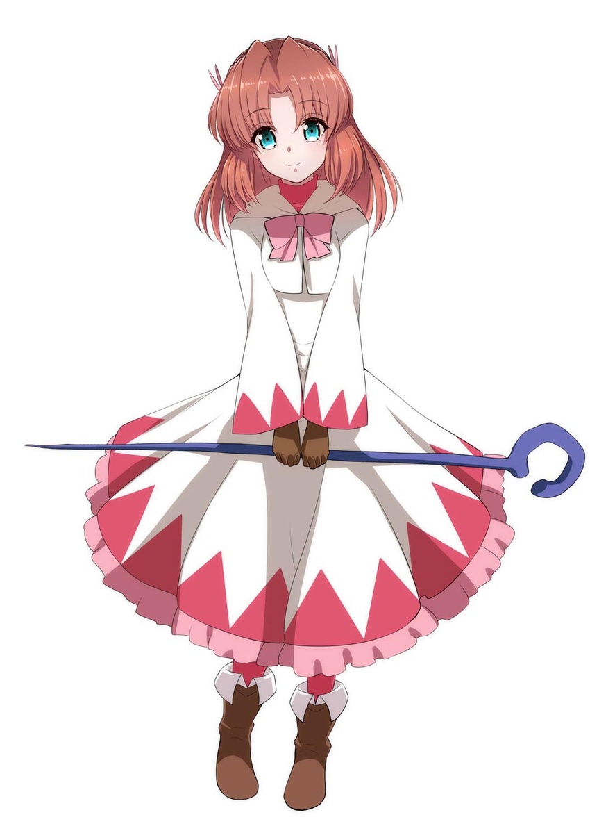 blue_eyes boots brown_footwear brown_hair commentary_request cosplay female final_fantasy full_body hair_intakes highres kurihara_kenshirou long_hair looking_at_viewer parted_bangs photoshop_(medium) pink_legwear senki_zesshou_symphogear serena_cadenzavna_eve simple_background smile solo standing white_background white_mage_(final_fantasy) white_mage_(final_fantasy)_(cosplay)