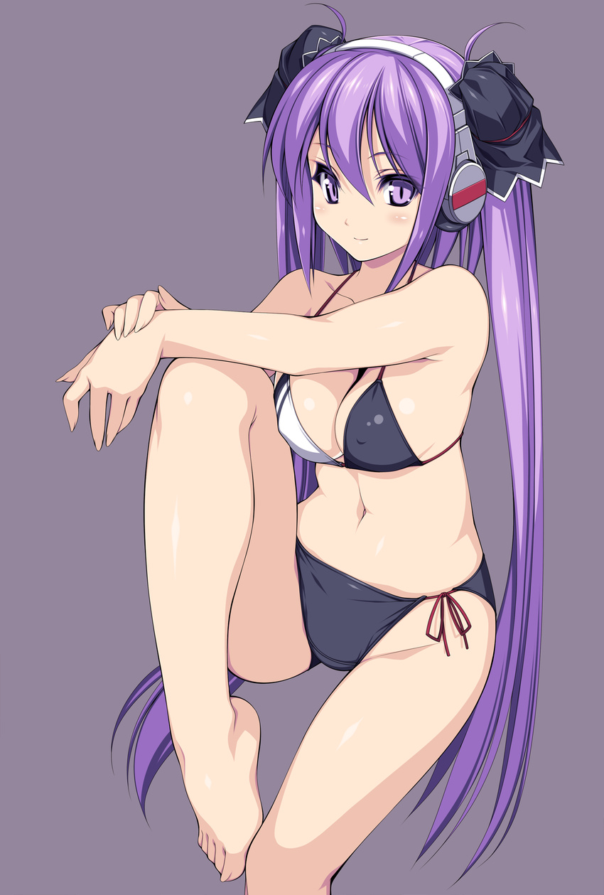 bare_legs bare_shoulders barefoot beatmania_iidx bikini black_bikini breasts cleavage covered_nipples feet female fingernails hair_between_eyes headphones highres kinoshita_ichi leg_lift long_fingernails long_hair medium_breasts mizushiro_celica navel purple_background purple_eyes purple_hair side-tie_bikini_bottom simple_background solo swimsuit twintails very_long_hair