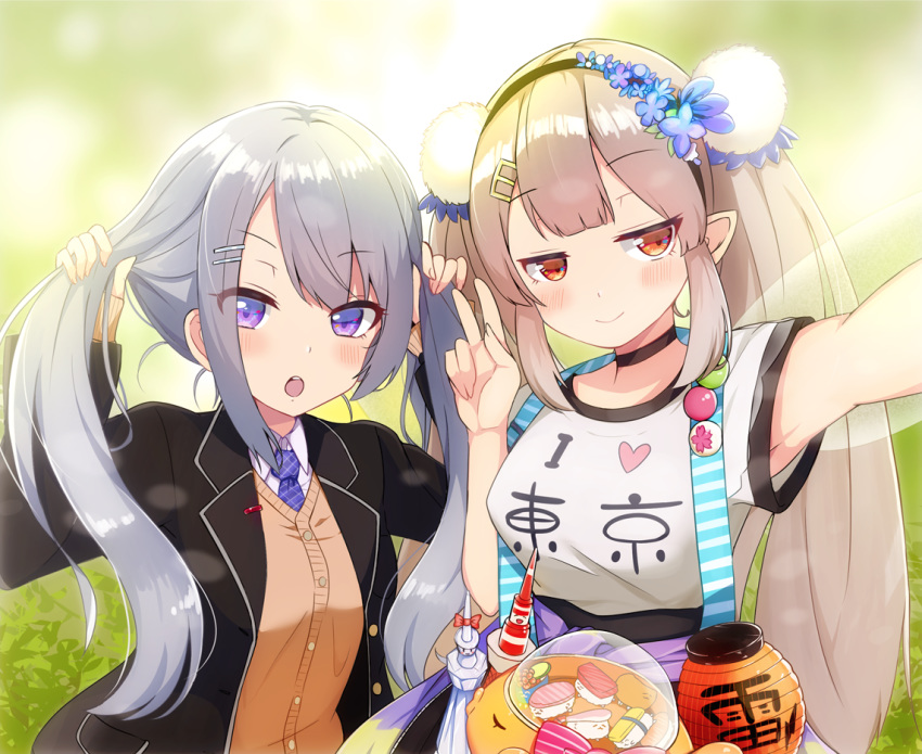 2girls black_hairband black_jacket blazer blush bunching_hair cardigan choker clothes_writing collared_shirt commentary_request elf elu_(1st_costume)_(nijisanji) elu_(nijisanji) flower grey_hair hair_flower hair_ornament hairband hairclip higuchi_kaede higuchi_kaede_(1st_costume) i_heart... jacket kastella long_hair long_sleeves looking_at_viewer multiple_girls nijisanji open_mouth pointy_ears ponytail red_eyes ribbon school_uniform shirt short_sleeves smile t-shirt tied_hair twintails v virtual_youtuber white_shirt