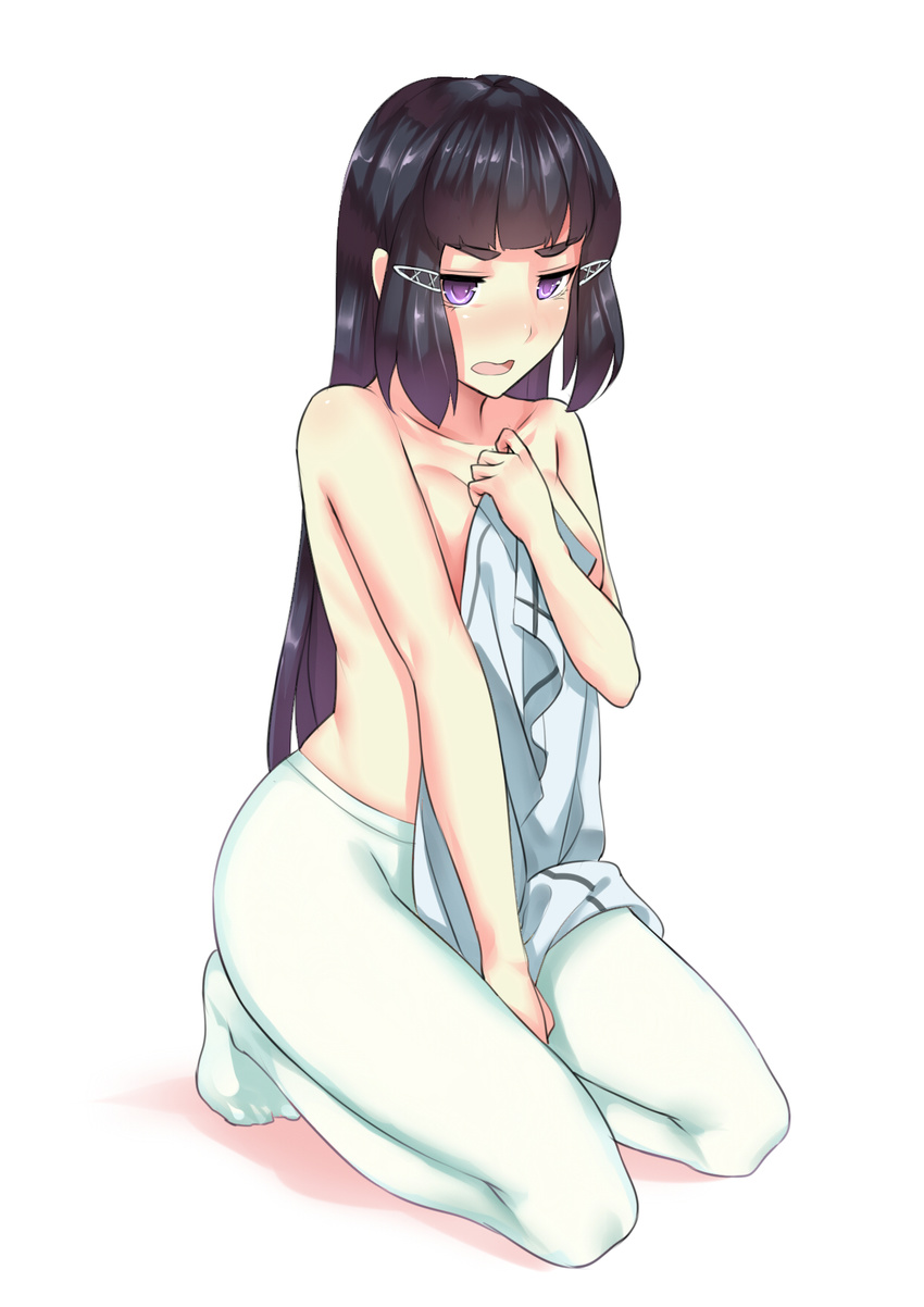 alternate_hairstyle black_hair blush breasts commentary_request covering_breasts covering_crotch covering_privates embarrassed female hair_down hair_ornament hairclip highres kantai_collection long_hair looking_at_viewer myoukou_(kancolle) no_pants open_mouth pantyhose purple_eyes short_eyebrows solo unworn_shirt white_pantyhose yonoki