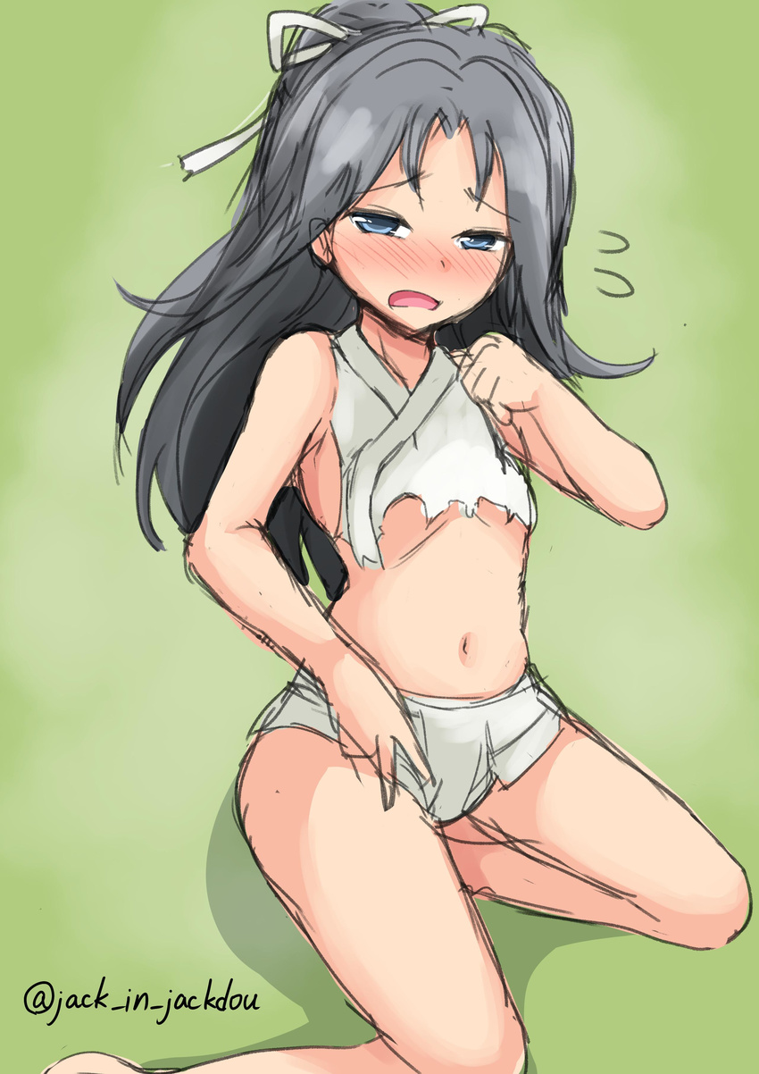 absurdres artist_name bad_id bad_twitter_id bare_arms bare_legs black_hair blue_eyes blush embarrassed female green_eyes hair_ribbon highres jack_(jackdou) kantai_collection katsuragi_(kancolle) kneeling long_hair messy_hair navel open_mouth ribbon sitting solo torn_clothes underwear wavy_mouth white_ribbon