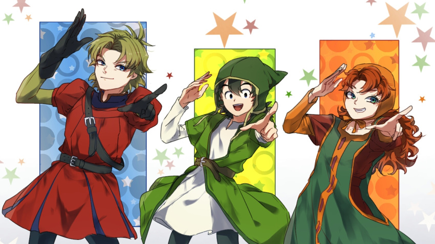 2boys :d arm_up bad_id bad_pixiv_id belt black_eyes black_gloves black_hair blonde_hair blue_eyes brown_hair closed_mouth commentary_request curly_hair dragon_quest dragon_quest_vii female gloves green_eyes haru_hikoya head_scarf hero_(dq7) kiefer looking_at_viewer maribel_(dq7) multiple_boys open_mouth puffy_short_sleeves puffy_sleeves short_sleeves smile star_(symbol) tunic