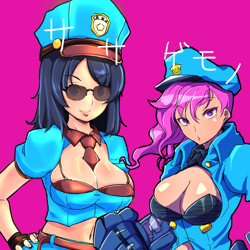 2girls alternate_costume bad_id bad_pixiv_id between_breasts black_hair blue_eyes breasts caitlyn_(league_of_legends) chiyo_koharu cleavage cleavage_cutout clothing_cutout fingerless_gloves gauntlets gloves hat highres large_breasts league_of_legends long_hair looking_at_viewer midriff multiple_girls navel necktie necktie_between_breasts officer_caitlyn officer_vi pink_background pink_eyes pink_hair police police_hat police_uniform policewoman simple_background smile sunglasses translation_request uniform vi_(league_of_legends)