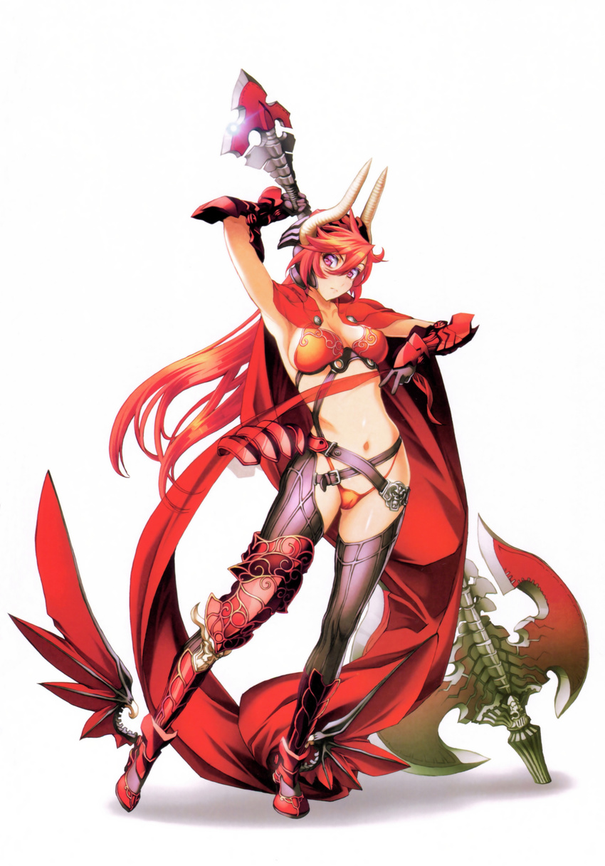 absurdres ankle_wings arm_up armor asymmetrical_legwear axe battle_axe belt bikini_armor boots breasts cape closed_mouth collarbone demon_girl female full_body gimp_(medium) gloves hair_between_eyes highres holding holding_axe horns huge_weapon knee_boots large_breasts midriff navel nishii_(damnedrive) nitroplus official_art pointy_ears polearm purple_eyes red_cape red_hair revealing_clothes satan_(the_seven_deadly_sins) scan simple_background solo standing stomach the_seven_deadly_sins thighhighs uneven_legwear v vambraces weapon weapon_behind_back white_background wings