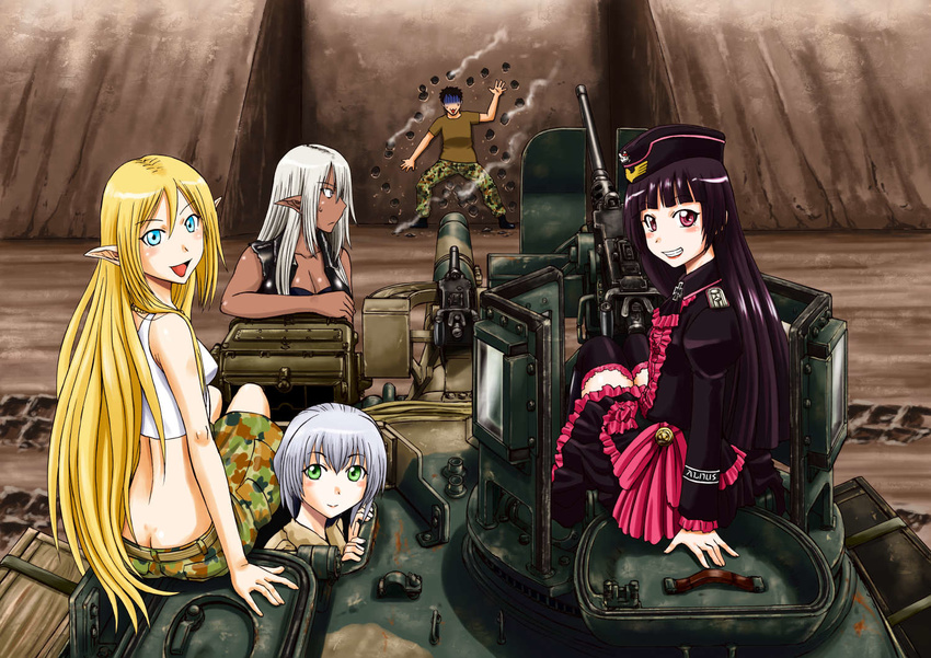 1boy 4girls :3 :d ass black_hair blonde_hair blue_eyes breasts browning_m2 bullet_hole commentary_request dark-skinned_female dark_elf dark_skin elf gate_-_jieitai_ka_no_chi_nite_kaku_tatakaeri gloom_(expression) gothic_lolita green_eyes grey_hair grin gun heavy_machine_gun itami_youji lelei_la_lalena lolita_fashion long_hair looking_at_viewer machine_gun medium_breasts military military_vehicle motor_vehicle multiple_girls official_art open_mouth pointy_ears red_eyes riding rory_mercury sao_satoru short_hair sitting small_breasts smile smoke sweat tank thighhighs tuka_luna_marceau type_74_(tank) weapon yao_haa_dushi