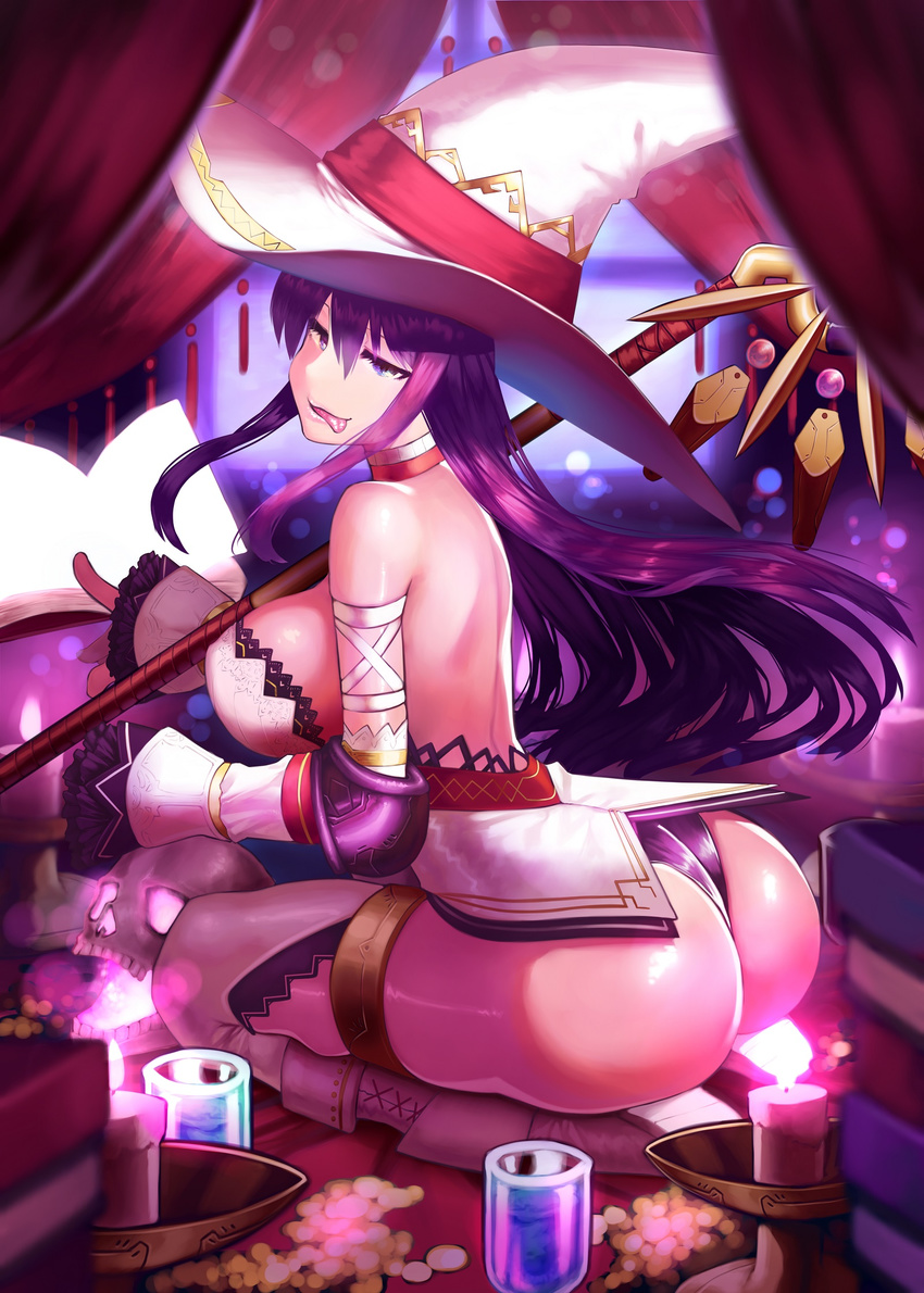 :p ass bad_id bad_pixiv_id bare_shoulders book breasts candle doku-chan_(dokkudokudoku) female hat highres huge_breasts looking_at_viewer original purple_hair seiza sideboob sitting solo staff thighs tongue tongue_out witch_hat