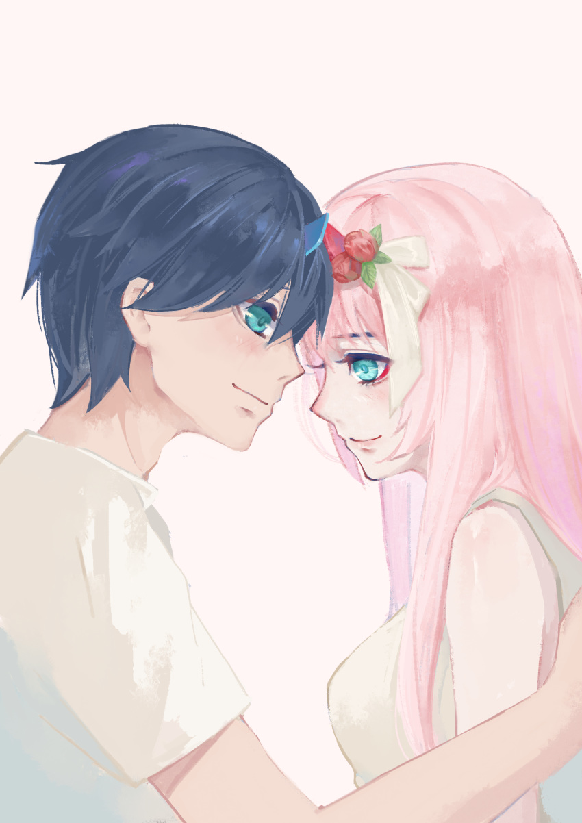 1boy absurdres bad_id bad_pixiv_id bare_shoulders black_hair blue_eyes blush breasts chu_dengdeng closed_mouth commentary couple darling_in_the_franxx eyeshadow female flower forehead-to-forehead from_side green_eyes hair_flower hair_ornament heads_together highres hiro_(darling_in_the_franxx) horns large_breasts long_hair makeup nightgown oni_horns photoshop_(medium) pink_hair red_horns shirt sleeveless sleeveless_shirt smile spoilers straight white_nightgown white_shirt zero_two_(darling_in_the_franxx)