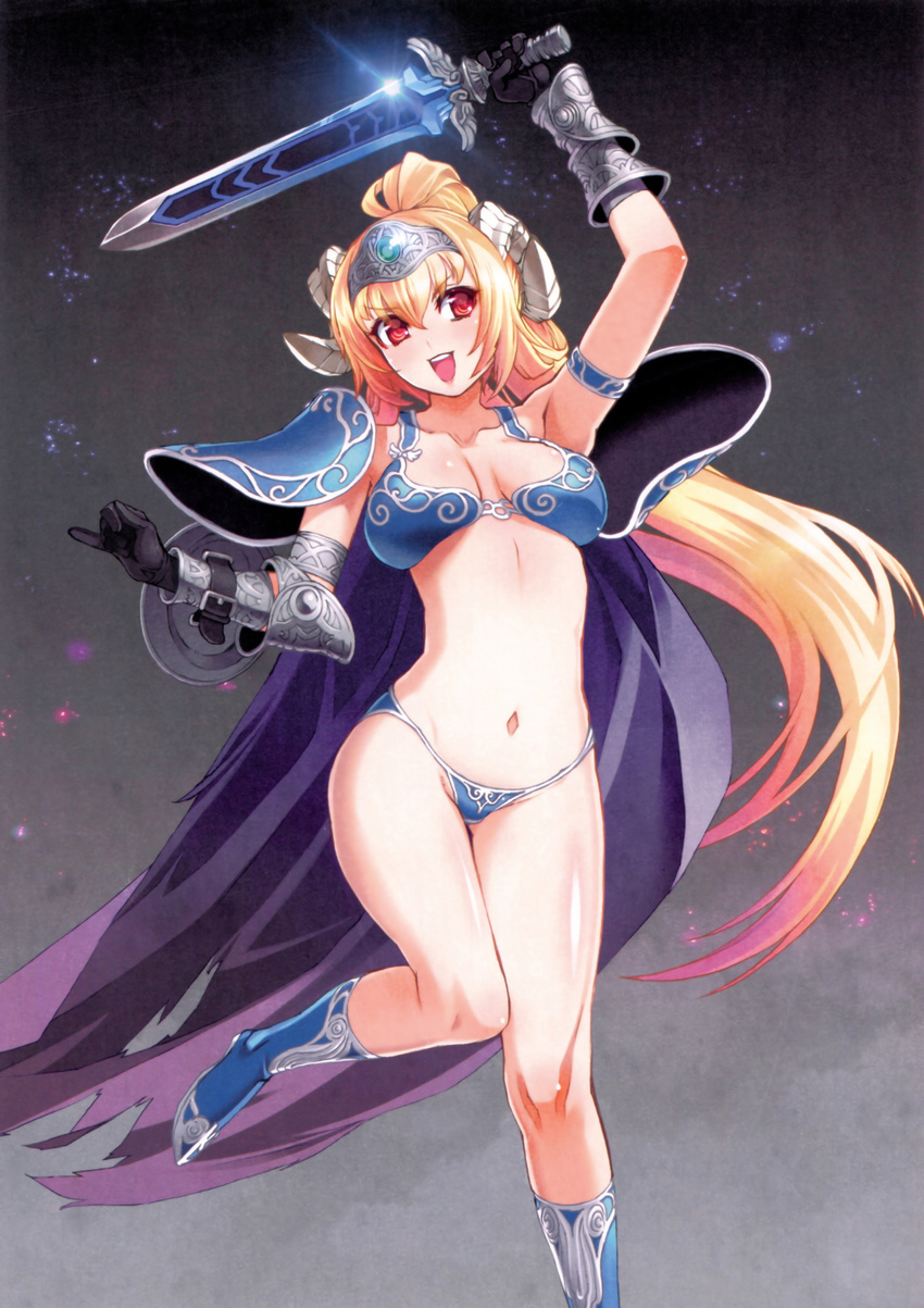 :d absurdres armor belt bikini_armor blonde_hair boots breasts buckler cape cleavage demon_girl female gimp_(medium) gloves high_ponytail highres horns knee_boots large_breasts leg_up legs long_hair lucifer_(the_seven_deadly_sins) navel nishii_(damnedrive) official_art open_mouth pauldrons ponytail red_eyes scan shield shoulder_armor smile solo standing standing_on_one_leg sword the_seven_deadly_sins vambraces very_long_hair visor_(armor) weapon