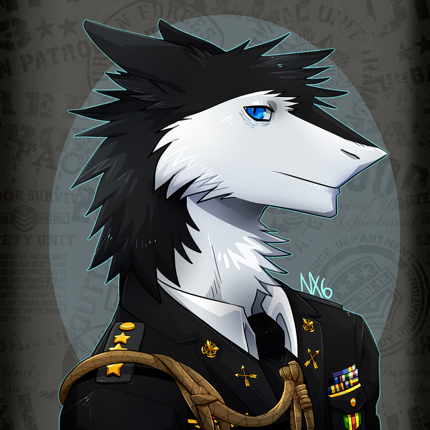 1:1 anthro black_body black_fur black_hair blue_eyes bust_portrait clothed clothing discordnight formal fur hair hi_res looking_at_viewer male multicolored_body multicolored_fur nexsix portrait sergal solo suit uniform white_body white_fur