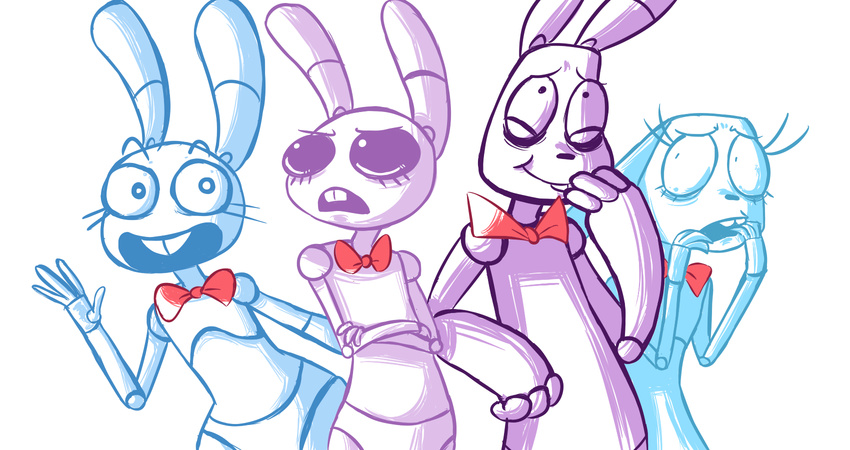 2015 animatronic anthro bonnie_(fnaf) bow_(feature) bow_tie buckteeth crossed_arms female five_nights_at_freddy's five_nights_at_freddy's_2 frown group hi_res inkyfrog lagomorph leporid machine male mammal open_mouth open_smile rabbit robot rule_63 scottgames simple_background smile style_emulation teeth toy_bonnie_(fnaf) weaver_bonnie white_background