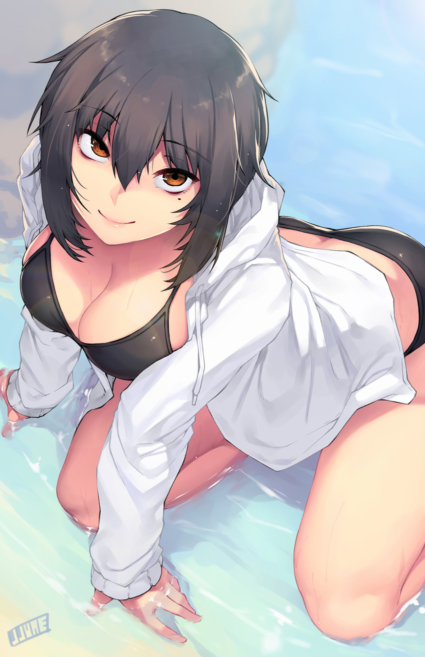 black_hair blush breasts cleavage commentary female highres jjune large_breasts looking_at_viewer mole mole_under_eye orange_eyes original photoshop_(medium) rumi_morimiya short_hair smile solo