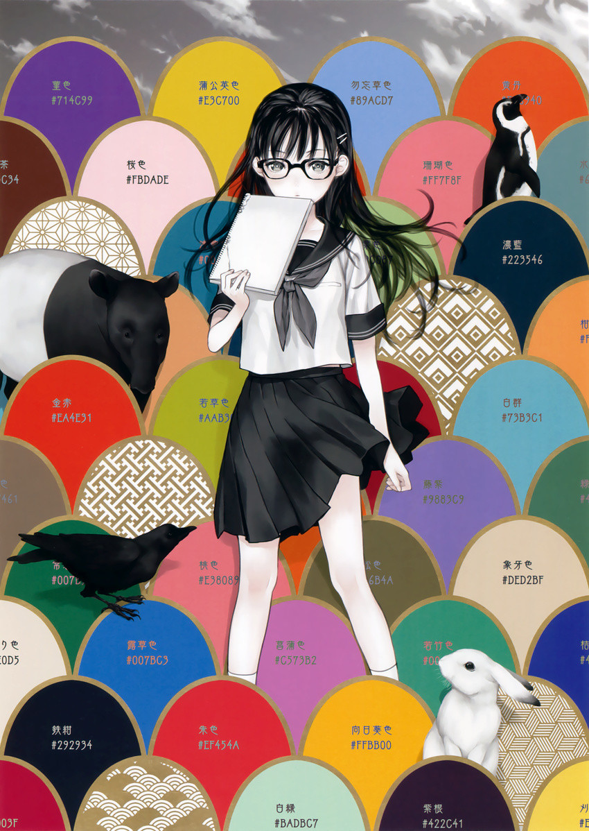 absurdres asa_no_ha_(pattern) bird black-framed_eyewear black_eyes black_hair black_skirt blush color_guide crow expressionless female glasses hair_ornament hairclip highres holding html long_hair looking_at_viewer natsuhiko neckerchief original penguin pleated_skirt rabbit sayagata scan school_uniform seigaiha serafuku short_sleeves sketchbook skirt socks solo tapir white_socks