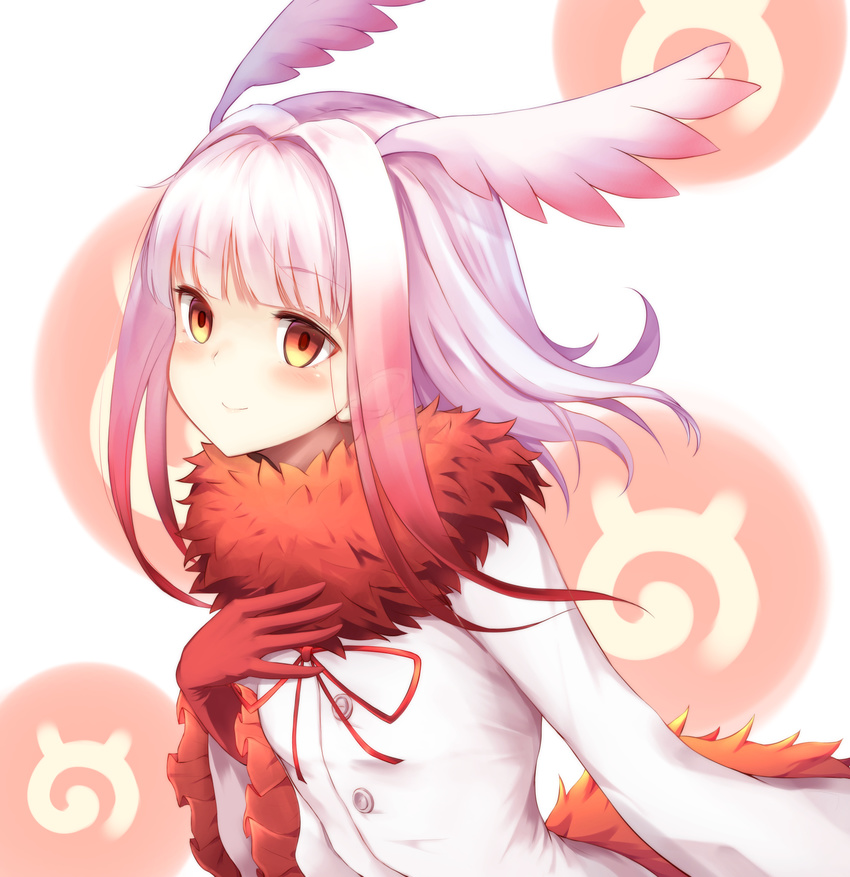 alternate_hair_color bad_id bad_pixiv_id blunt_bangs blush feathers female frilled_sleeves frills fur_trim gloves gradient_hair hand_on_own_chest head_wings highres japanese_crested_ibis_(kemono_friends) japari_symbol kemono_friends light_purple_hair long_sleeves looking_at_viewer multicolored_hair nekomiyanono orange_eyes red_eyes red_gloves red_hair ribbon shirt short_hair_with_long_locks smile solo transparent white_background white_hair white_shirt wings yellow_eyes