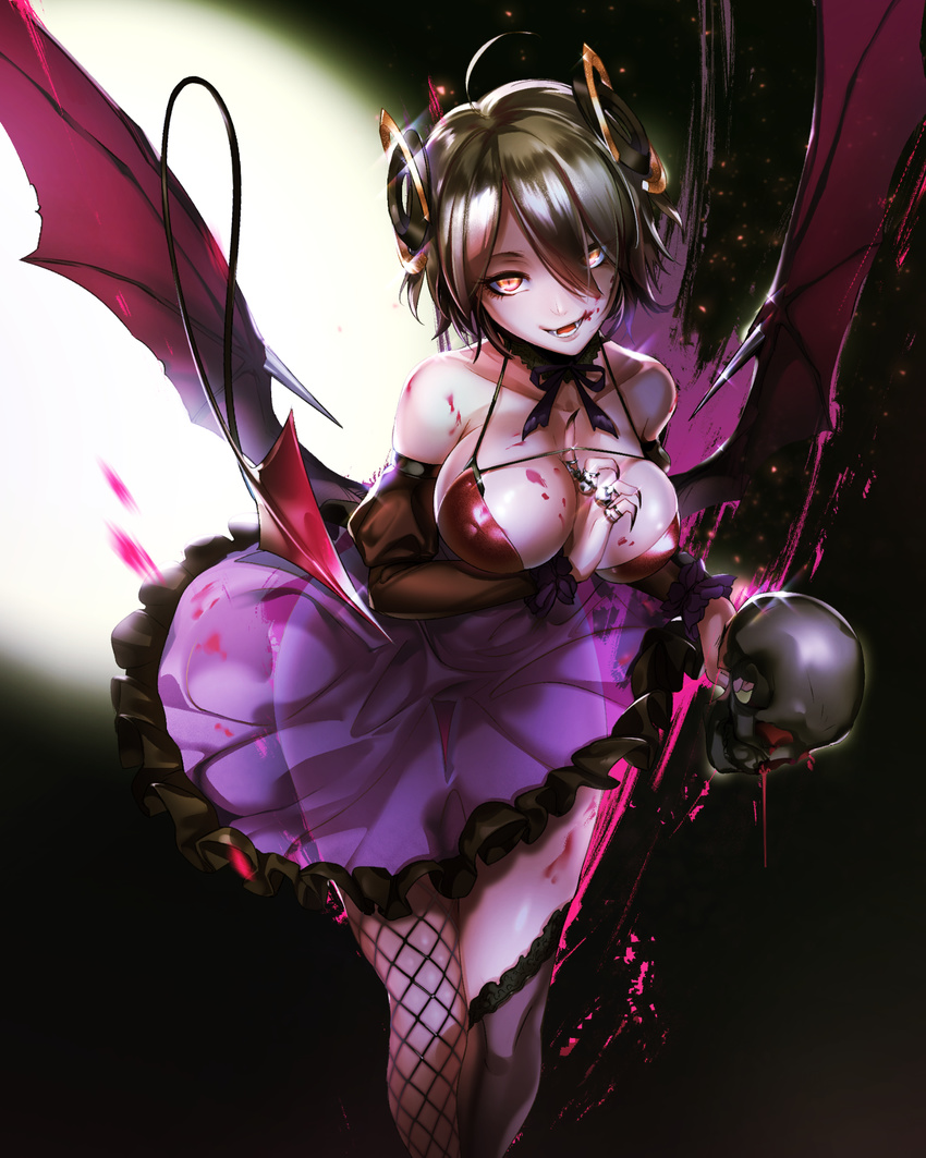 ahoge arm_between_breasts asymmetrical_legwear bare_shoulders between_breasts bikini bikini_top_only black_hair black_legwear blood blood_on_face breasts brown_eyes collarbone commentary_request demon_girl demon_tail demon_wings detached_collar detached_sleeves eyes_visible_through_hair fangs female fingernails fishnet_pantyhose fishnets fu-mi.a hair_between_eyes halterneck highres holding holding_skull jewelry large_breasts long_fingernails long_sleeves low_wings mismatched_legwear open_mouth original over-kneehighs pantyhose purple_skirt red_bikini ring short_hair single_leg_pantyhose single_over-kneehigh single_thighhigh skirt skull solo swimsuit tail thighhighs wings