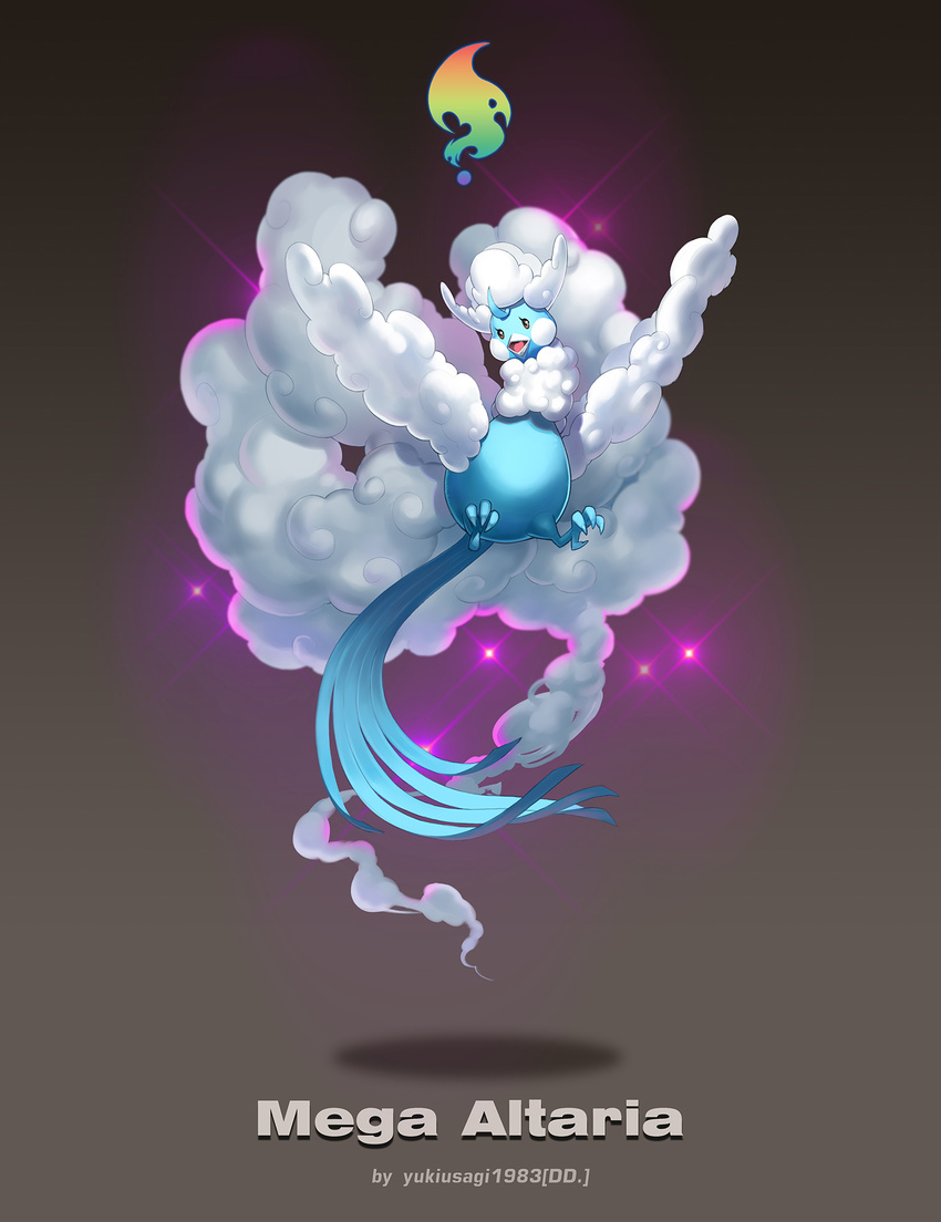 altaria artist_name beak bird blue_feathers character_name commentary_request feathers fluffy full_body highres mega_altaria mega_pokemon midair no_humans open_mouth photoshop_(medium) pokemon pokemon_(creature) solo sparkle tail white_feathers wings yukiusagi1983