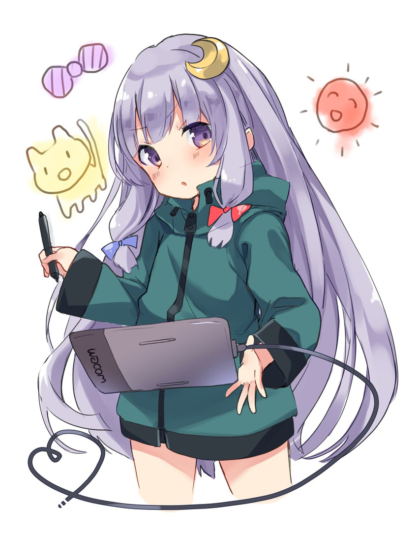 blue_bow bow commentary_request cosplay crescent crescent_hair_ornament cropped_legs drawing_tablet eromanga_sensei female hair_ornament hairbow highres izumi_sagiri izumi_sagiri_(cosplay) jacket kedama_milk long_hair long_sleeves looking_at_viewer patchouli_knowledge purple_eyes purple_hair red_bow sidelocks simple_background solo stylus touhou very_long_hair white_background