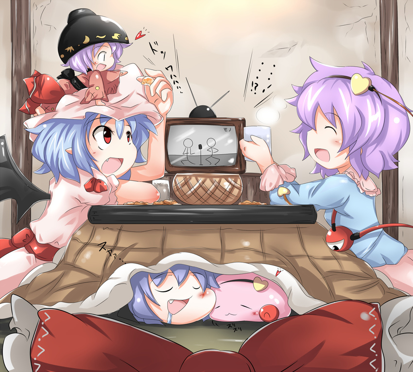 3girls :3 :d ^_^ basket bat_wings blouse blue_hair bowl bowl_hat closed_eyes commentary_request crack cup dango drooling food fruit giving hakurei_reimu hand_up hat headband heart holding holding_cup indoors japanese_clothes kikurage_(sugi222) kimono komeiji_satori komeiji_satori_(dango) kotatsu looking_up mandarin_orange manzai mini_person minigirl mob_cap multiple_girls oerba_yun_fang on_head open_mouth orange_(fruit) orange_slice painttool_sai_(medium) person_on_head purple_hair reaching red_eyes remilia_scarlet sash shirt short_hair short_sleeves skirt skirt_set sleeping smile stick_figure sukuna_shinmyoumaru sukusuku_hakutaku table television third_eye touhou under_kotatsu under_the_table wagashi wall wings yukkuri_shiteitte_ne