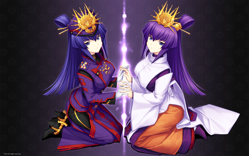 2girls :o blue_eyes contrast gloves hair_ornament hat high_heels highres holding_hands interlocked_fingers japanese_clothes kneeling koubuin_yuuhi long_hair looking_at_viewer military military_uniform mitsurugi_meiya multiple_girls muv-luv muv-luv_alternative muv-luv_alternative_chronicles muv-luv_alternative_chronicles_03 muv-luv_unlimited:_the_day_after official_art official_wallpaper photoshop_(medium) ponytail purple_hair siblings sidelocks sisters spoilers symmetrical_hand_pose symmetrical_pose twins uniform