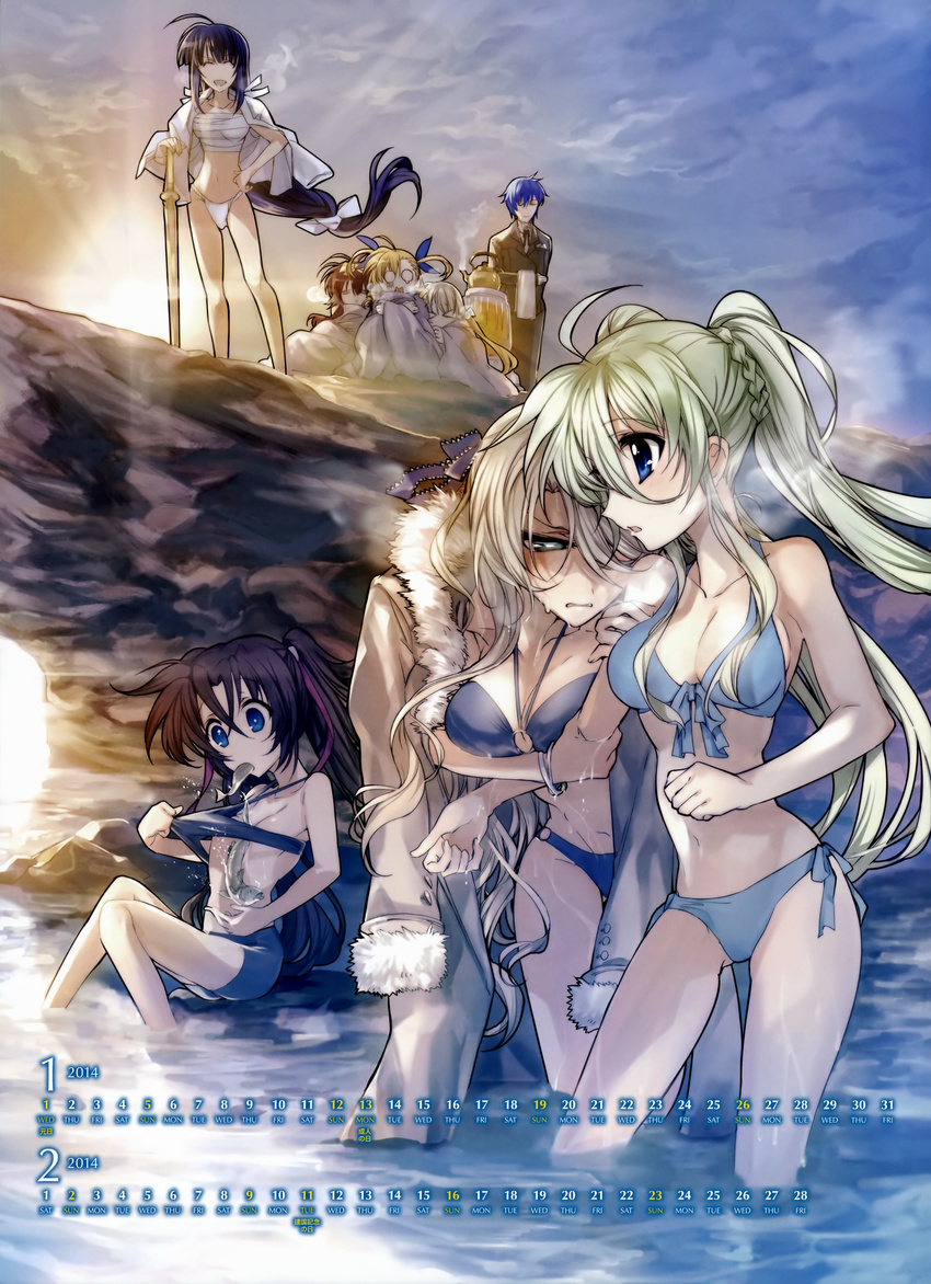 2014 absurdres bikini blonde_hair breasts calendar character_request cleavage einhart_stratos highres lyrical_nanoha mahou_shoujo_lyrical_nanoha mahou_shoujo_lyrical_nanoha_vivid micaiah_chevelle multiple_girls sarashi sieglinde_jeremiah swimsuit victoria_dahlgrun vivio