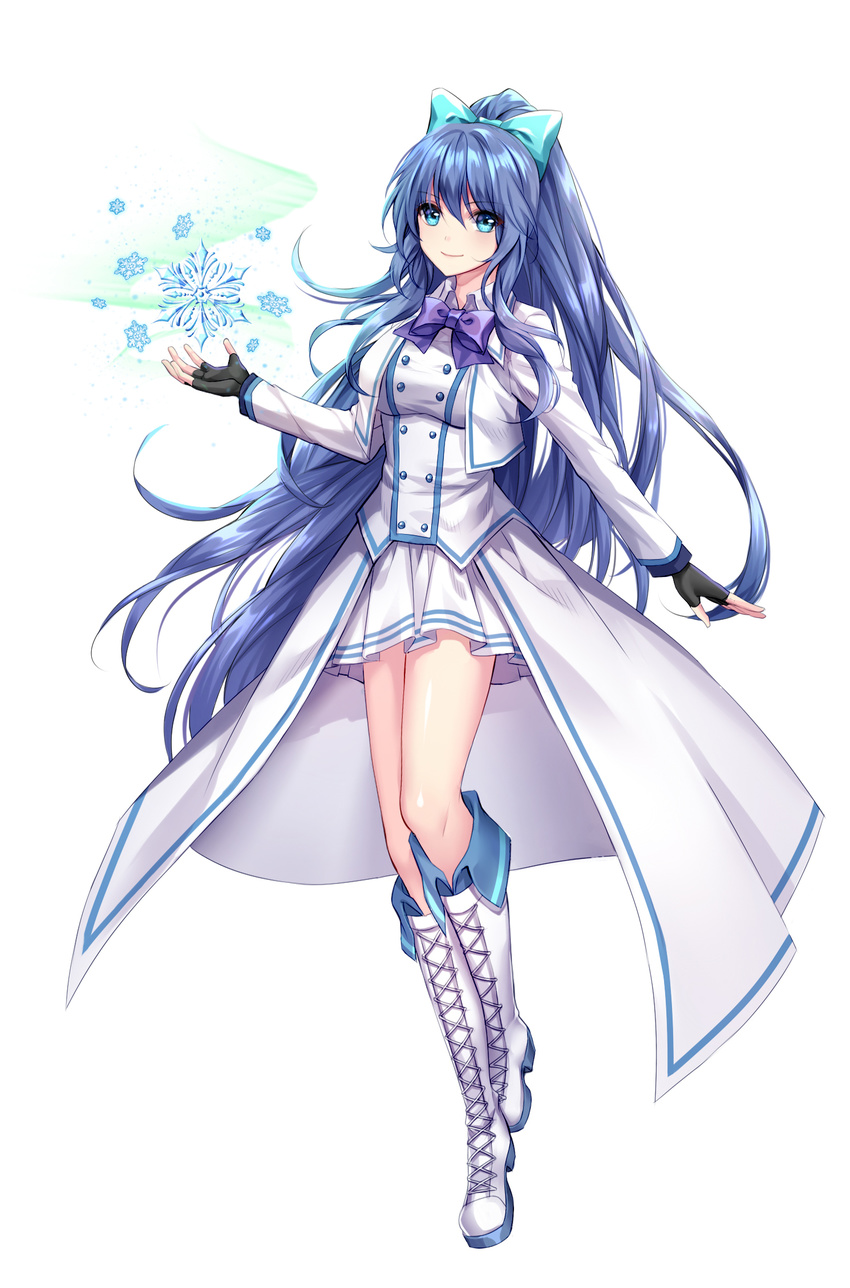 althea_(sakiya0000) black_gloves blue_bow blue_eyes blue_hair boots bow bowtie commentary_request cross-laced_footwear female fingerless_gloves floating_hair full_body gloves hair_between_eyes hairbow high_ponytail highres knee_boots lace-up_boots long_hair looking_at_viewer miniskirt original photoshop_(medium) pleated_skirt purple_bow purple_bowtie shiny_skin simple_background skirt smile snowflakes solo very_long_hair white_background white_footwear white_skirt