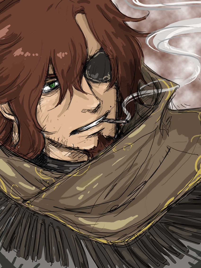 1boy absurdres ali_al-saachez bad_id bad_pixiv_id brown_hair chakki cigarette commentary_request eyepatch green_eyes gundam gundam_00 highres male_focus photoshop_(medium) smoking solo