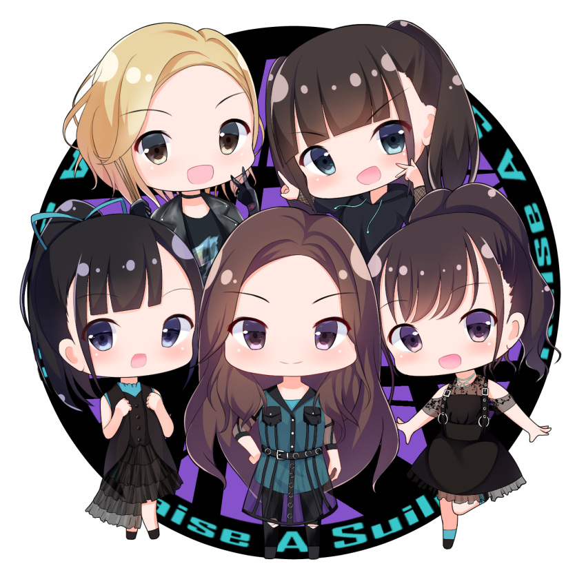 5girls aqua_dress aqua_ribbon bang_dream! black_dress black_eyes black_gloves black_hair black_hoodie black_jacket black_legwear black_shirt black_vest blonde_hair blue_eyes blunt_bangs breast_pocket brown_eyes brown_hair chibi choker clenched_hands clothing_cutout commentary_request drawstring dress frilled_dress frills gloves group_name group_picture hair_ribbon hand_on_own_hip hands_on_own_chest hands_up highres hood hood_down hoodie index_finger_raised jacket koh_(user_kpcu7748) kohara_riko kurachi_reo long_hair looking_at_viewer multiple_girls natsume_(musician) no_bangs pantyhose pocket ponytail raise_a_suilen raychell_(musician) ribbon see-through see-through_sleeves shirt short_hair short_sleeves shoulder_cutout sidelocks skirt sleeveless sleeveless_dress standing standing_on_one_leg suspender_skirt suspenders torn_clothes torn_legwear tsumugi_risa twintails v vest voice_actor yellow_eyes