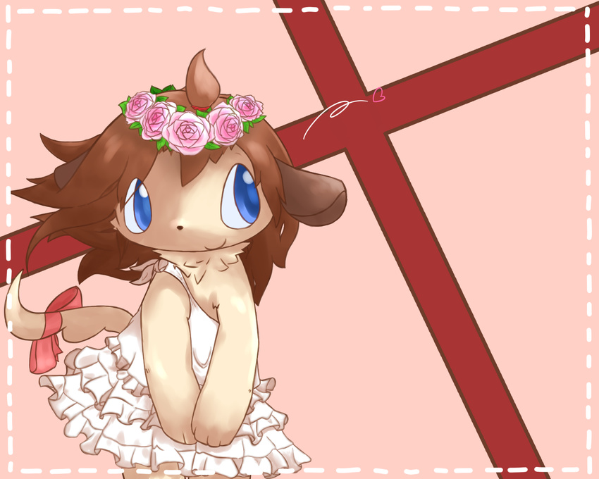 5:4 accessory anthro aoino blue_eyes border bow_(feature) bow_accessory bow_ribbon brown_hair canid canine clothing dotted_line dotted_line_border dress female floral flower flower_crown flower_garland frilly frilly_clothing frilly_dress furgonomics garland hair head_wreath heart_symbol hi_res kemono mammal plant ribbons simple_background solo tail tail_accessory tail_bow tail_ribbon