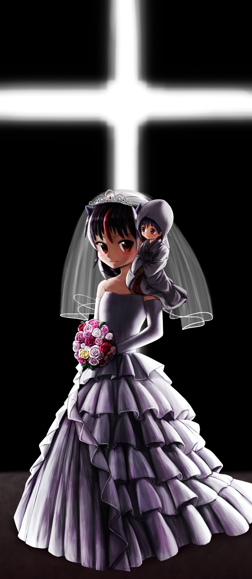 2girls absurdres bare_shoulders black_hair blush bouquet bridal_veil commentary_request cone_horns cross dress elbow_gloves flower gloves grey_horns highres hood horns japanese_clothes kijin_seija kimono light_rays mini_person minigirl multicolored_hair multiple_girls niala purple_eyes red_eyes rose sitting_on_shoulder size_difference small_horns smile sukuna_shinmyoumaru tiara touhou uchikake veil wataboushi wedding_dress wife_and_wife yuri