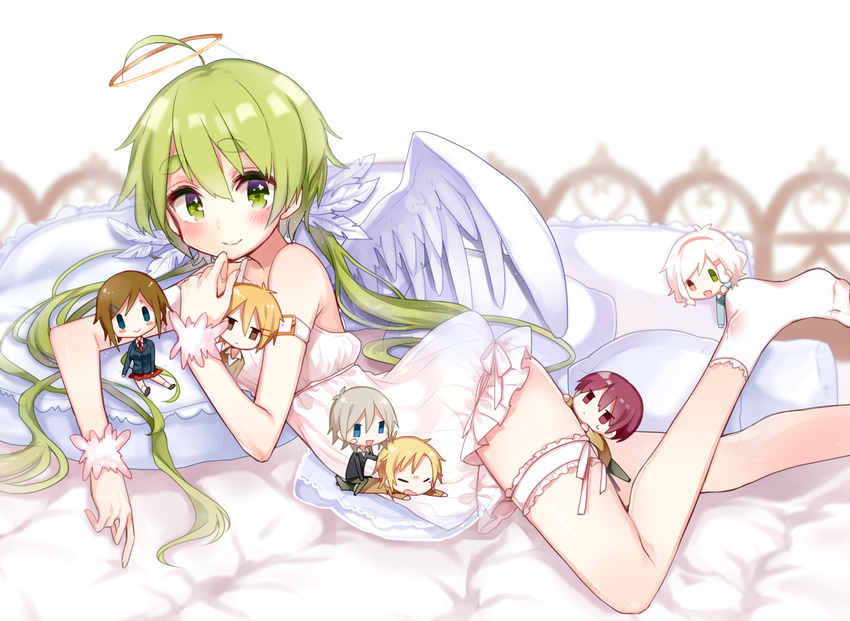 angel blush dress garter green_eyes green_hair original socks wings yuyupo