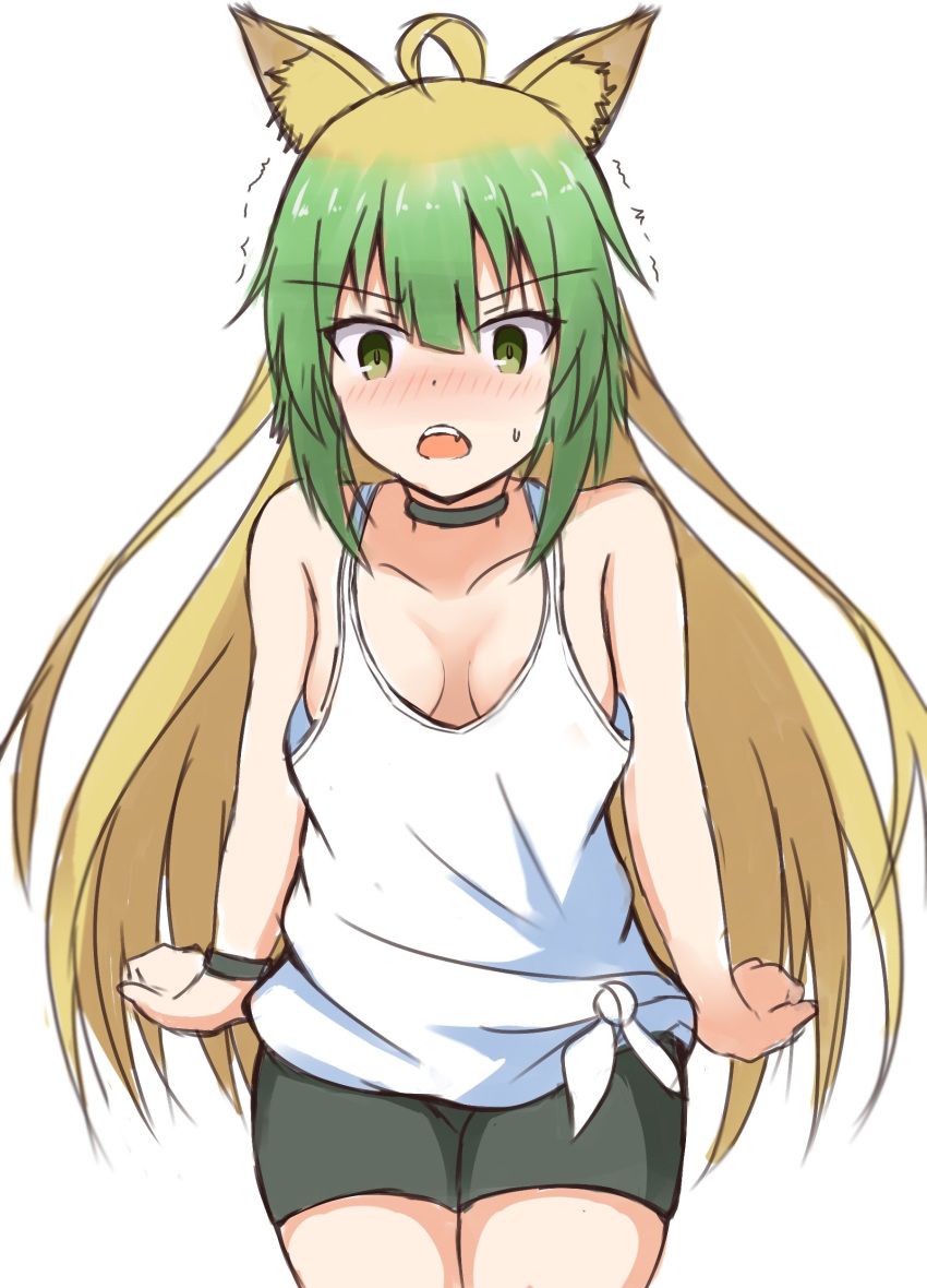 absurdres ahoge animal_ear_fluff animal_ears atalanta_(fate) bare_arms bare_shoulders bike_shorts black_choker black_shorts blonde_hair blush breasts choker collarbone commentary_request cosplay cowboy_shot fate/apocrypha fate_(series) female gradient_hair green_eyes green_hair hair_between_eyes highres hinata_channel long_hair looking_at_viewer loose_clothes medium_breasts mitchi multicolored_hair nekomiya_hinata nekomiya_hinata_(cosplay) nose_blush oerba_yun_fang open_mouth short_shorts shorts solo sweat tank_top trembling v-shaped_eyebrows very_long_hair virtual_youtuber white_tank_top