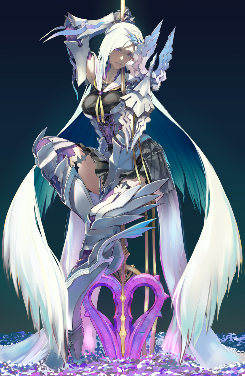 armor blue_hair blush brynhildr_(fate) brynhildr_romantia commentary_request fate/prototype fate/prototype:_fragments_of_blue_and_silver fate_(series) female highres holding holding_polearm holding_weapon jikeshi long_hair polearm purple_eyes solo spear thighhighs very_long_hair weapon white_hair