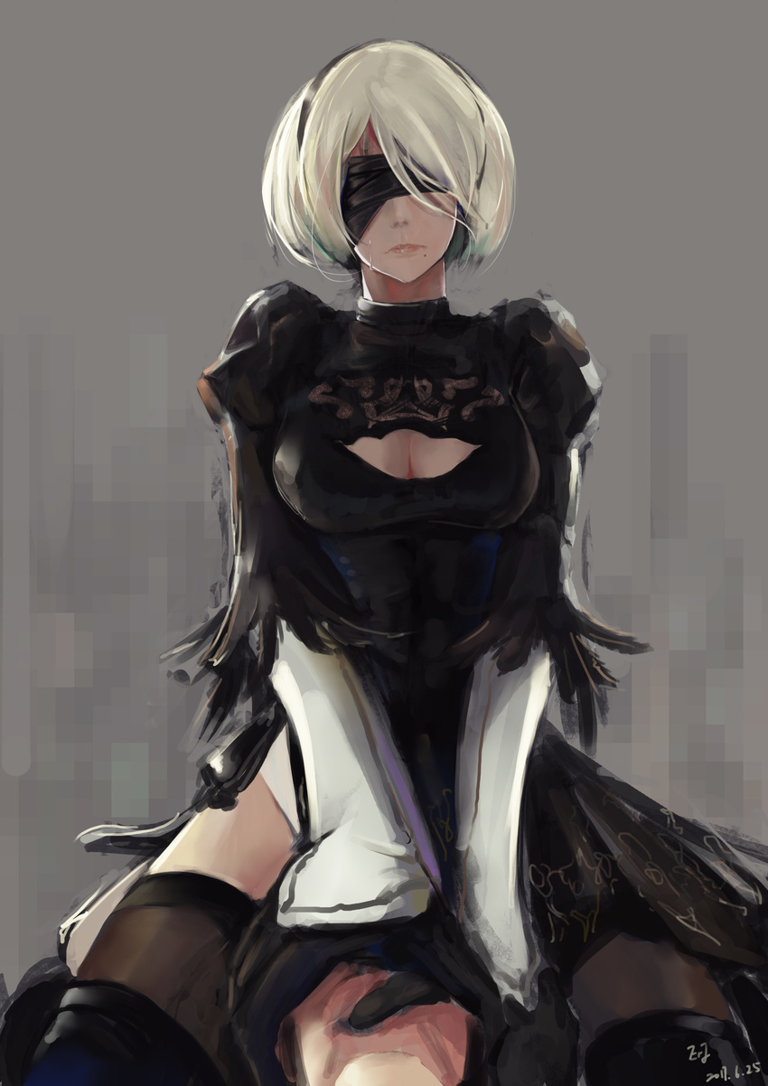 1boy 2b_(nier:automata) 9s_(nier:automata) absurdres bad_end bad_id bad_pixiv_id black_blindfold black_dress black_footwear black_hairband blindfold boots breasts cleavage cleavage_cutout clothing_cutout covered_eyes cowgirl_position dress erjian feather-trimmed_sleeves female grey_background hairband head_out_of_frame highres large_breasts lips long_sleeves mole mole_under_mouth nier:automata nier_(series) photoshop_(medium) sad solo_focus spoilers straddling straight strangling tears thigh_boots thighhighs thighhighs_under_boots white_hair