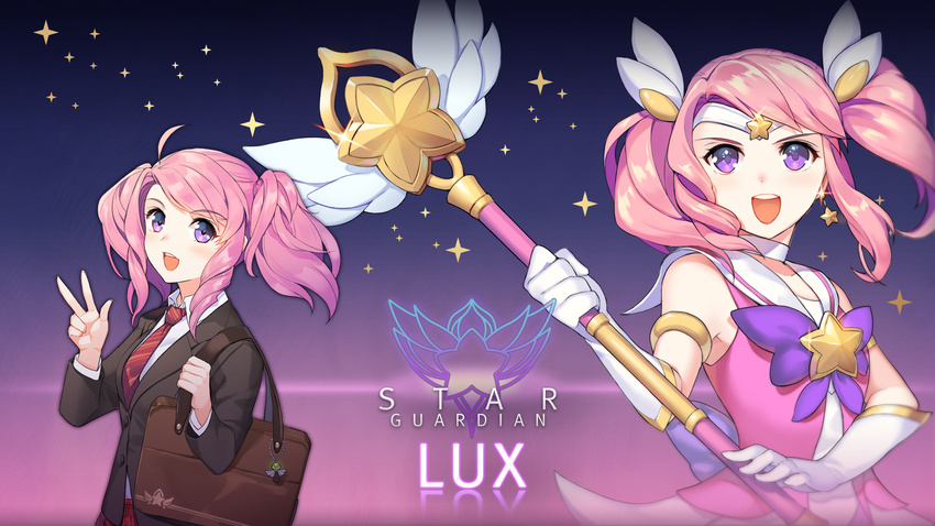 alternate_costume alternate_hair_color alternate_hairstyle bag bow choker commentary_request dakun elbow_gloves female gloves highres league_of_legends lux_(league_of_legends) magical_girl pink_hair ribbon school_uniform staff star_guardian_(league_of_legends) star_guardian_lux tiara twintails white_gloves