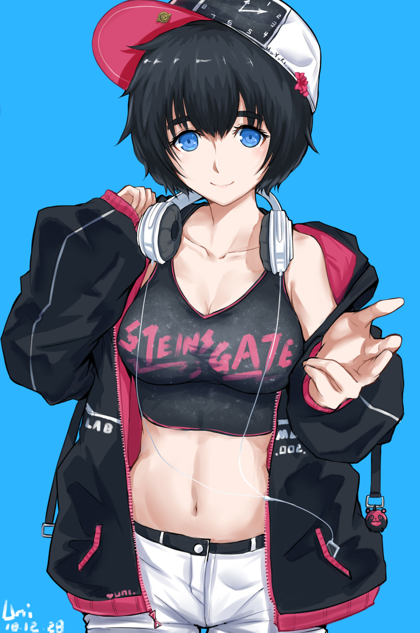 alternate_costume baseball_cap black_hair blue_background blue_eyes breasts chinese_commentary cleavage collarbone commentary_request copyright_name cowboy_shot crop_top dated digital_media_player female hat headphones headphones_around_neck highres hood hoodie looking_at_viewer md5_mismatch medium_breasts midriff navel shiina_mayuri short_hair short_shorts shorts signature simple_background sleeveless smile solo steins;gate tank_top unique_(pixiv12704744) upa_(steins;gate)