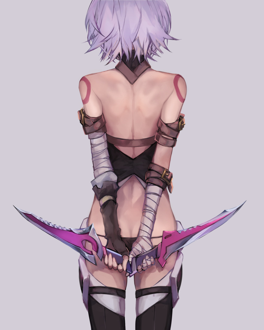 arm_belt arms_behind_back ashita_kura ass back bad_id bad_pixiv_id bandaged_arm bandages black_panties black_thighhighs butt_crack dagger dual_wielding facing_away fate/grand_order fate_(series) female fingerless_gloves from_behind gloves grey_background grey_hair highres holding holding_knife jack_the_ripper_(fate/apocrypha) knife lowleg lowleg_panties median_furrow panties short_hair shoulder_tattoo simple_background single_glove solo standing tattoo thighhighs underwear weapon